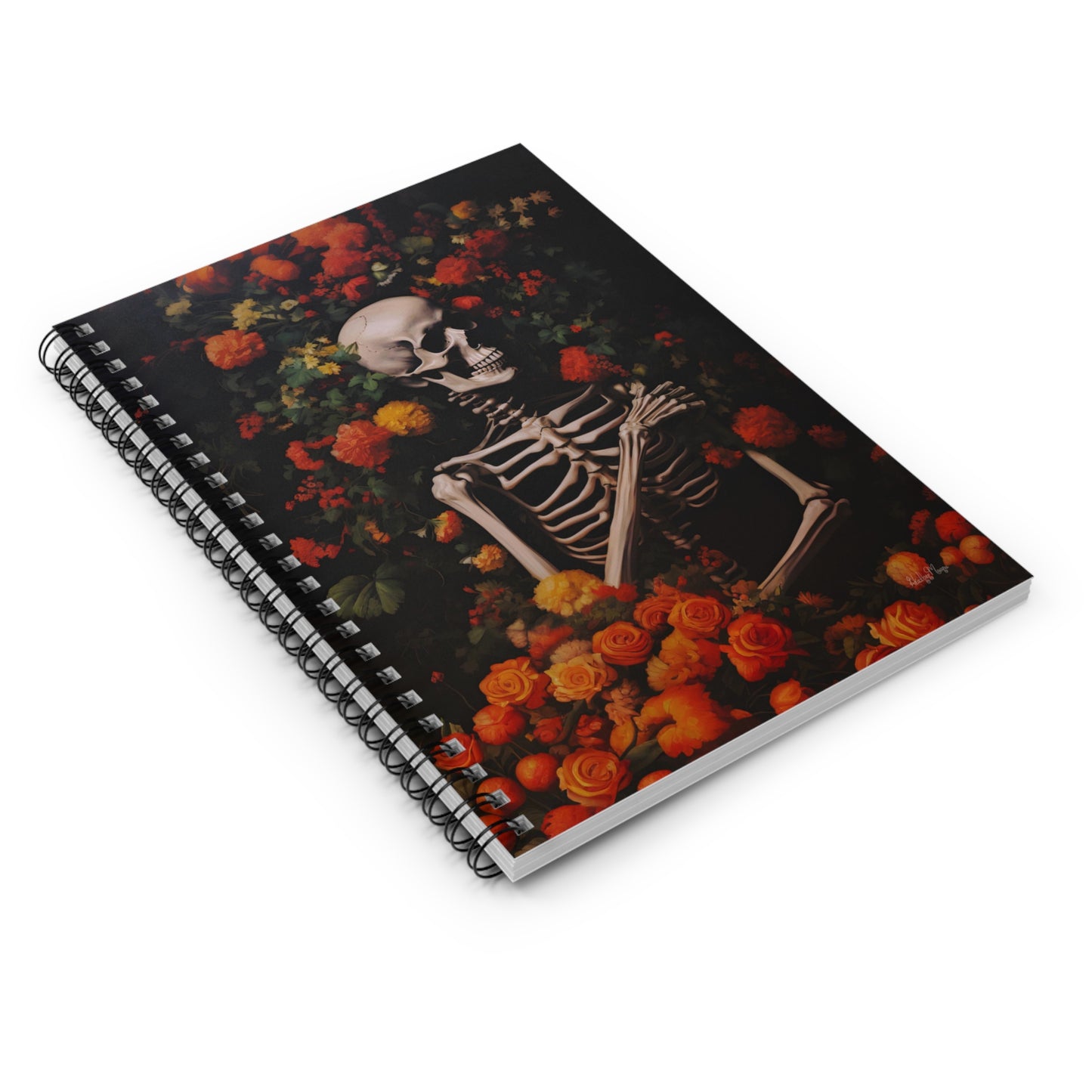 Skeleton Amongst Orange Blooms | Ruled Line Spiral Notebook