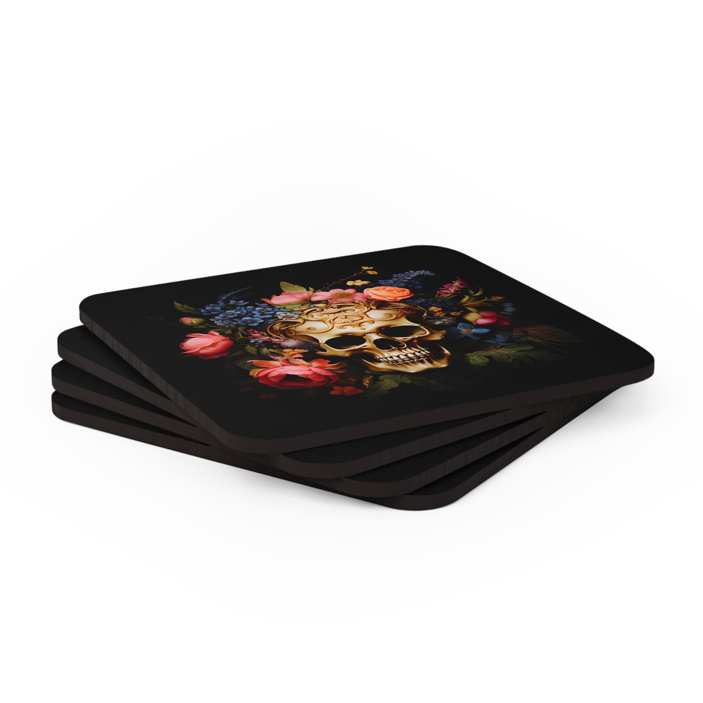 Golden Skull with Moody Flowers | Set of 4 Coasters