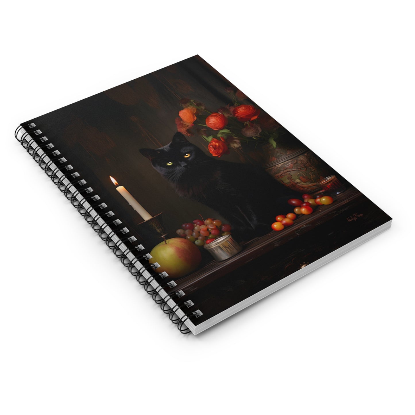Black Cat with Flowers and Fruits | Ruled Line Spiral Notebook