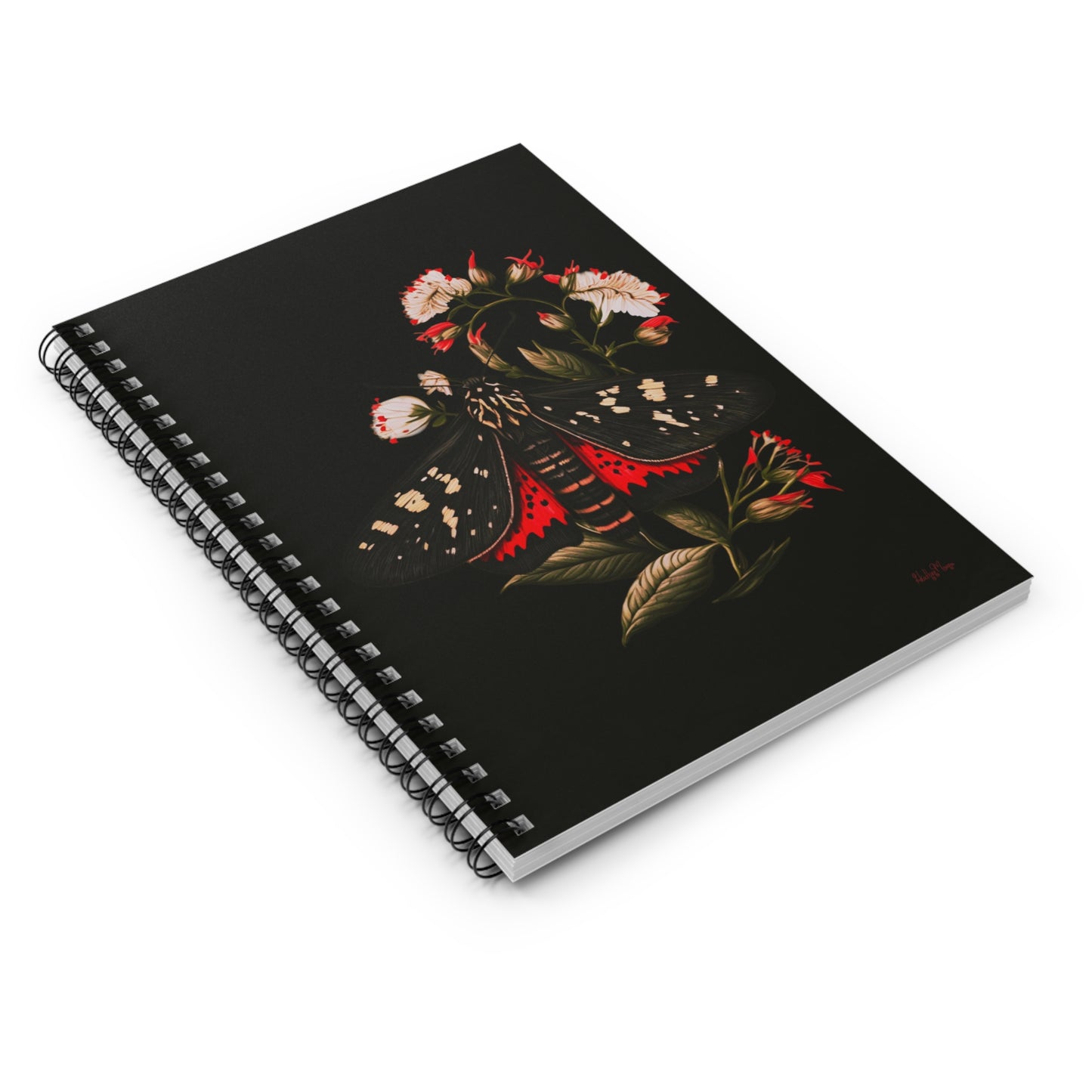Black and Red Moth Amongst Flowers | Ruled Line Spiral Notebook