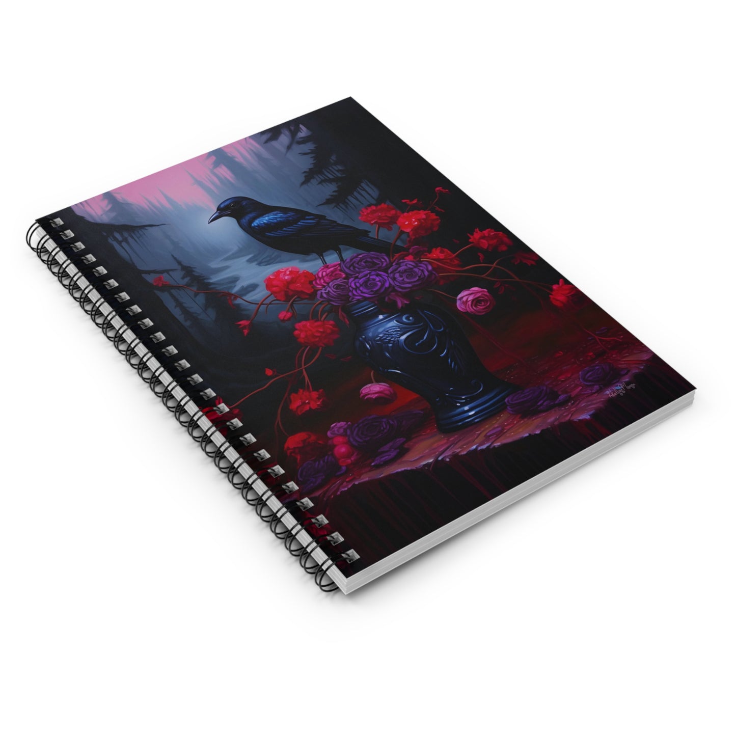Crow Upon a Bouquet of Gothic Flowers | Ruled Line Spiral Notebook