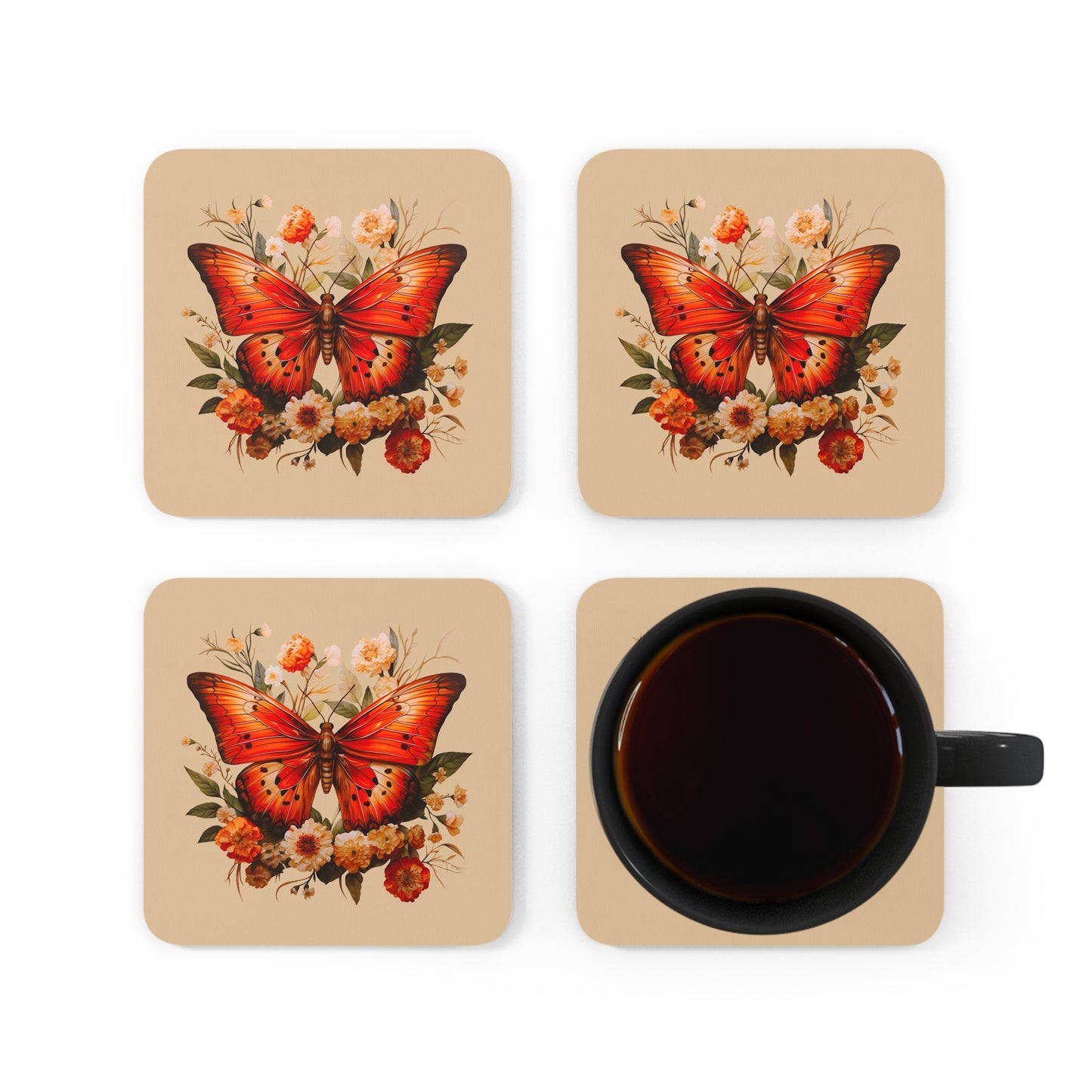 Orange and Ivory Moth Amongst Flowers | Set of 4 Coasters