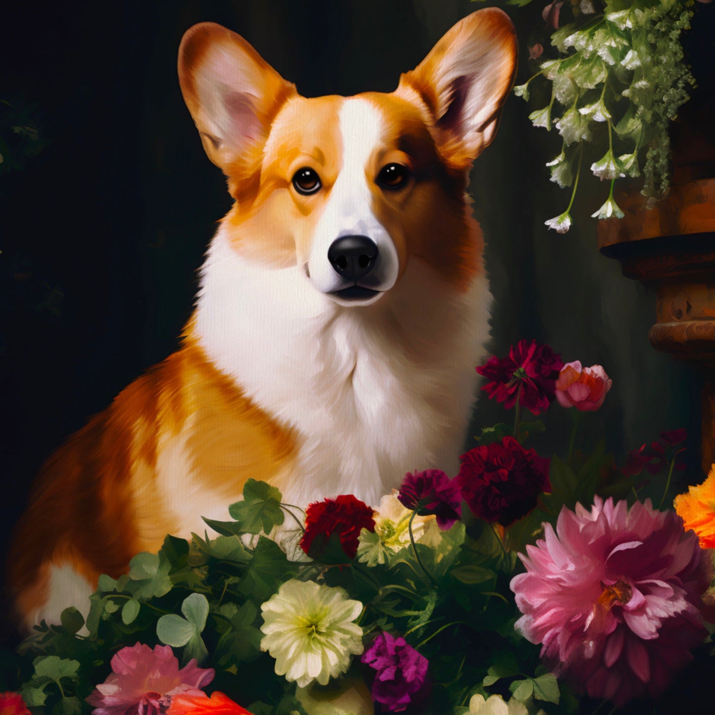 Corgi Amongst Flowers