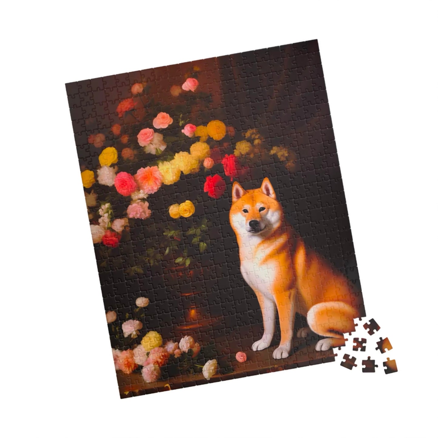 Shiba Inu Sitting Near a Flower Vase | Jigsaw Puzzle
