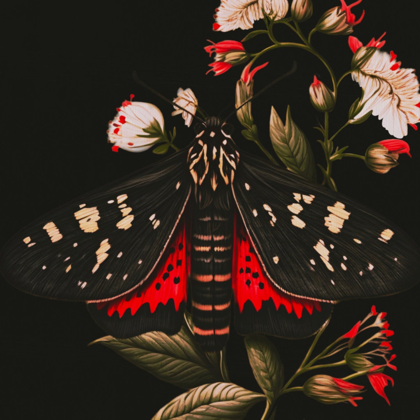 Black and Red Moth Amongst Flowers