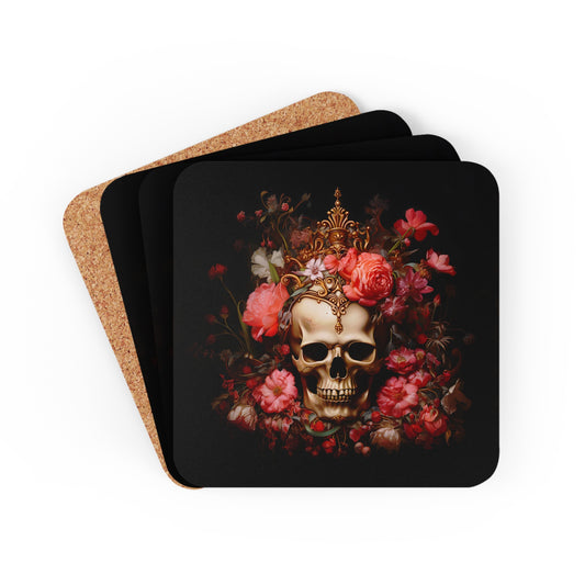 Skull with Golden Crown and Pink Flowers | Set of 4 Coasters