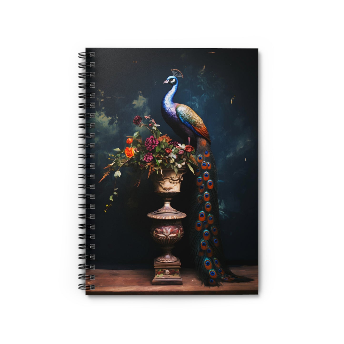 Peacock with a Vase of Flowers | Ruled Line Spiral Notebook