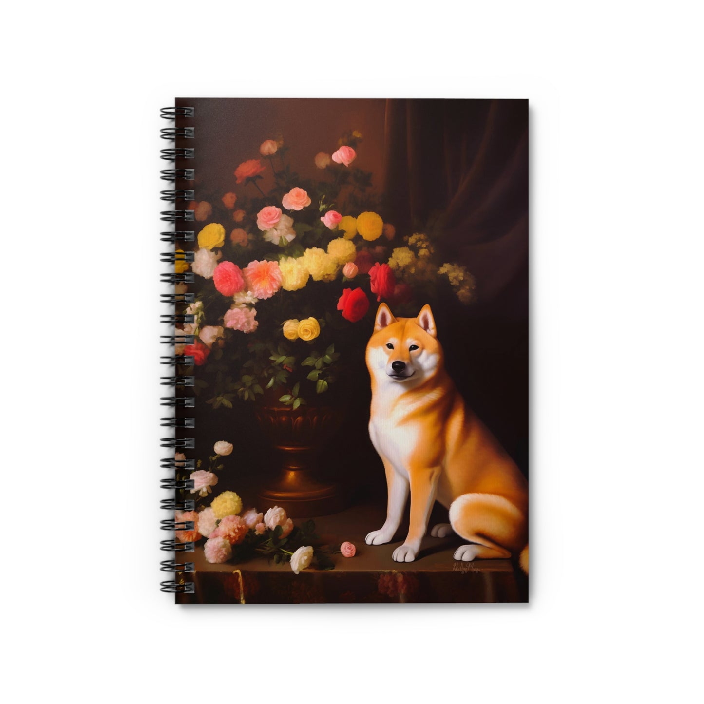 Shiba Inu Sitting Near a Flower Vase | Ruled Line Spiral Notebook