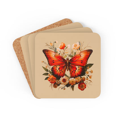 Orange and Ivory Moth Amongst Flowers | Set of 4 Coasters