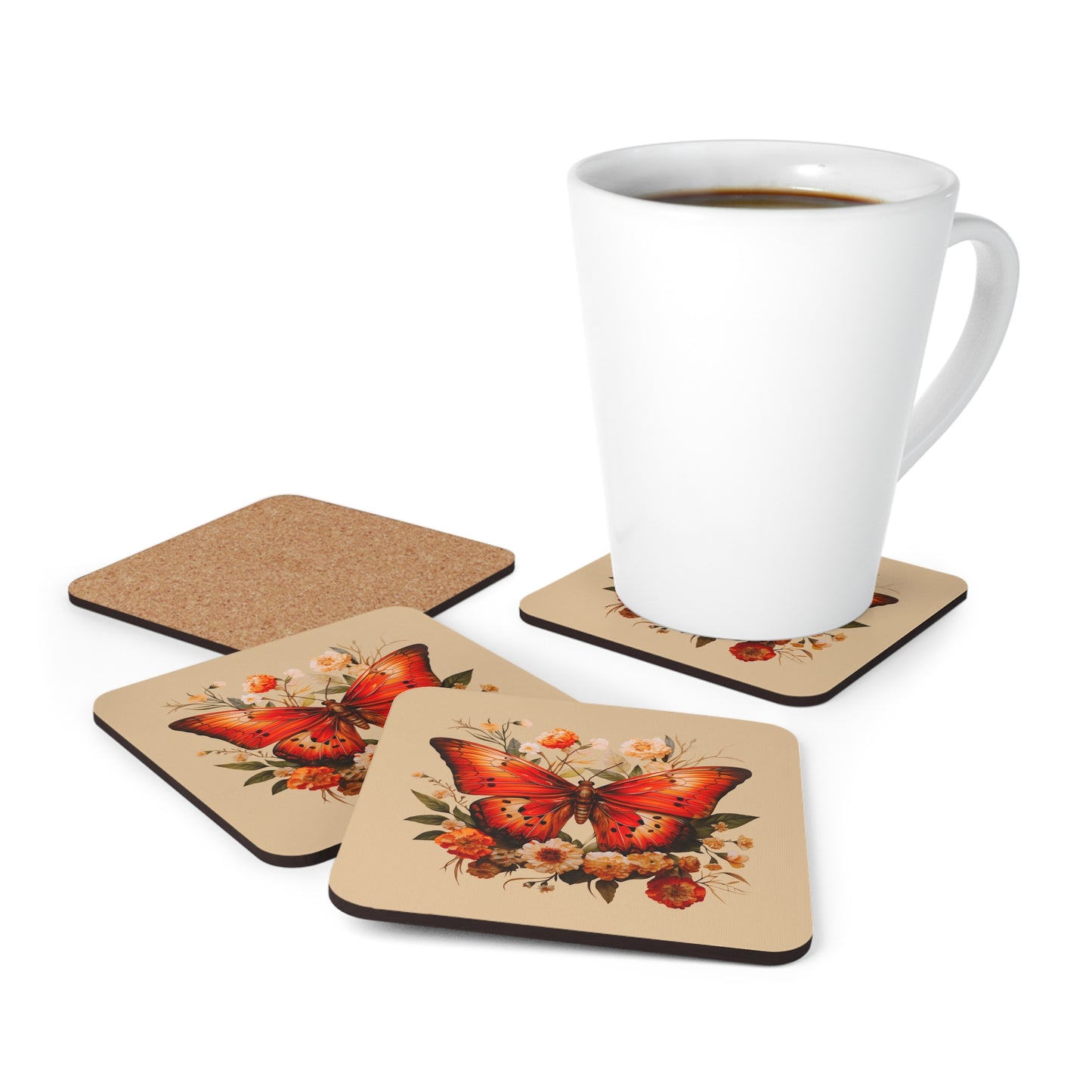 Orange and Ivory Moth Amongst Flowers | Set of 4 Coasters