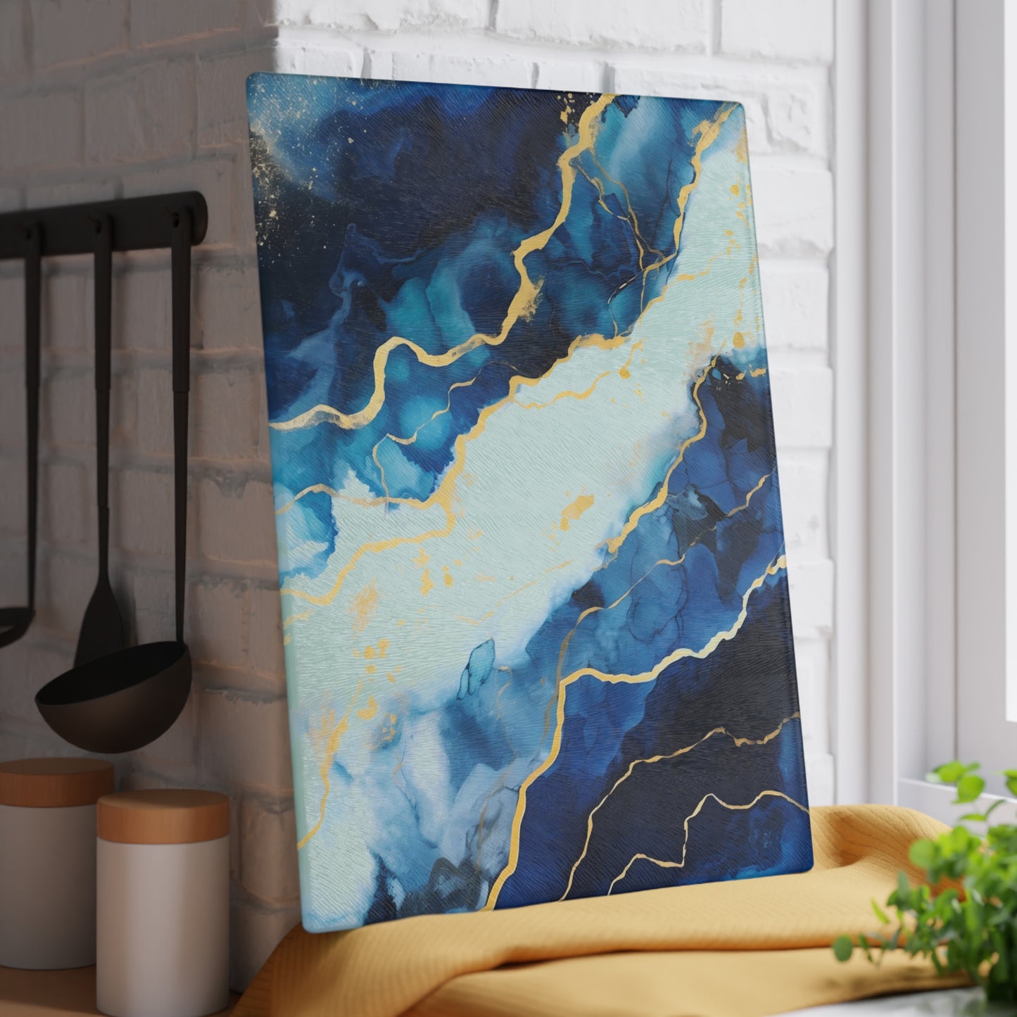 Navy Blue and Ivory Marble Glass Cutting Board