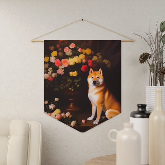 Shiba Inu Sitting Near a Flower Vase | Hanging Pennant