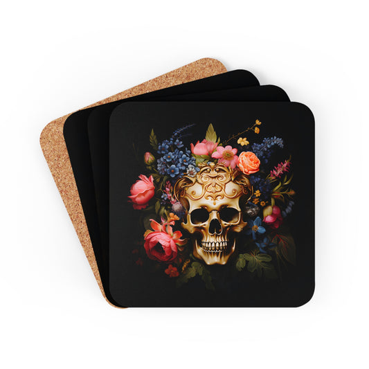 Golden Skull with Moody Flowers | Set of 4 Coasters