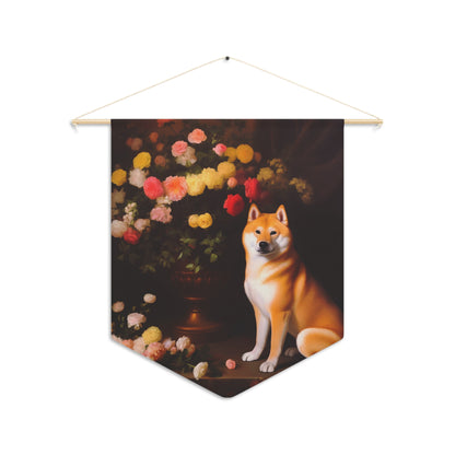Shiba Inu Sitting Near a Flower Vase | Hanging Pennant