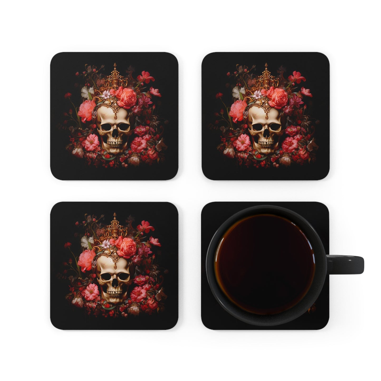 Skull with Golden Crown and Pink Flowers | Set of 4 Coasters