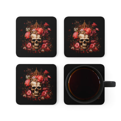 Skull with Golden Crown and Pink Flowers | Set of 4 Coasters