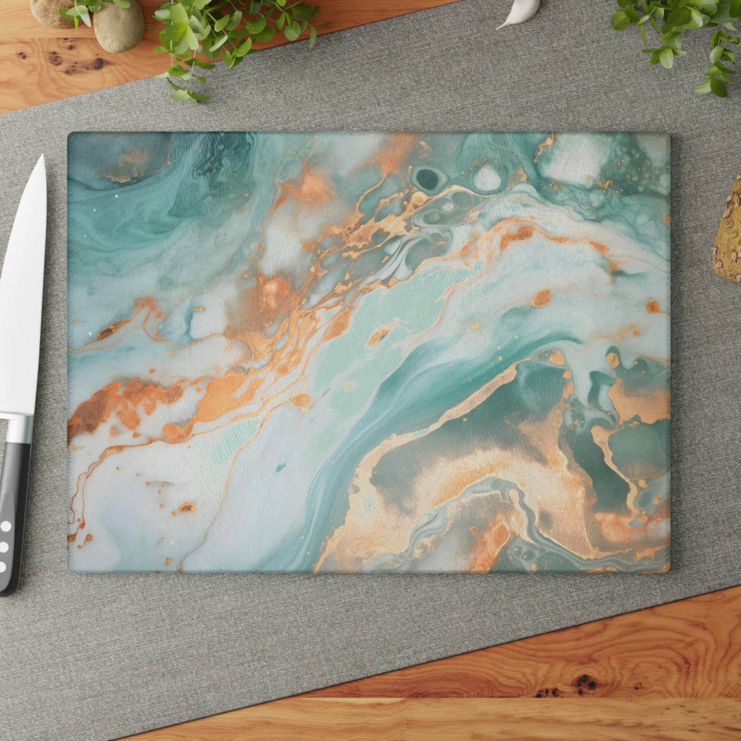 Soft Teal and Ivory Marble Glass Cutting Board