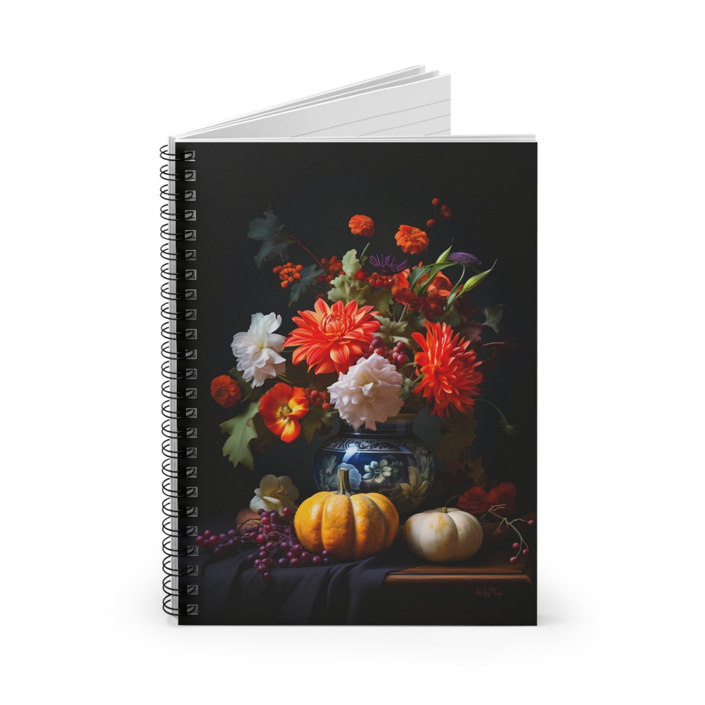 Flower Bouquet with Pumpkins and Fruit | Ruled Line Spiral Notebook