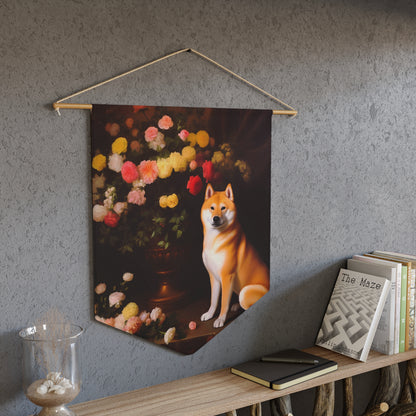 Shiba Inu Sitting Near a Flower Vase | Hanging Pennant