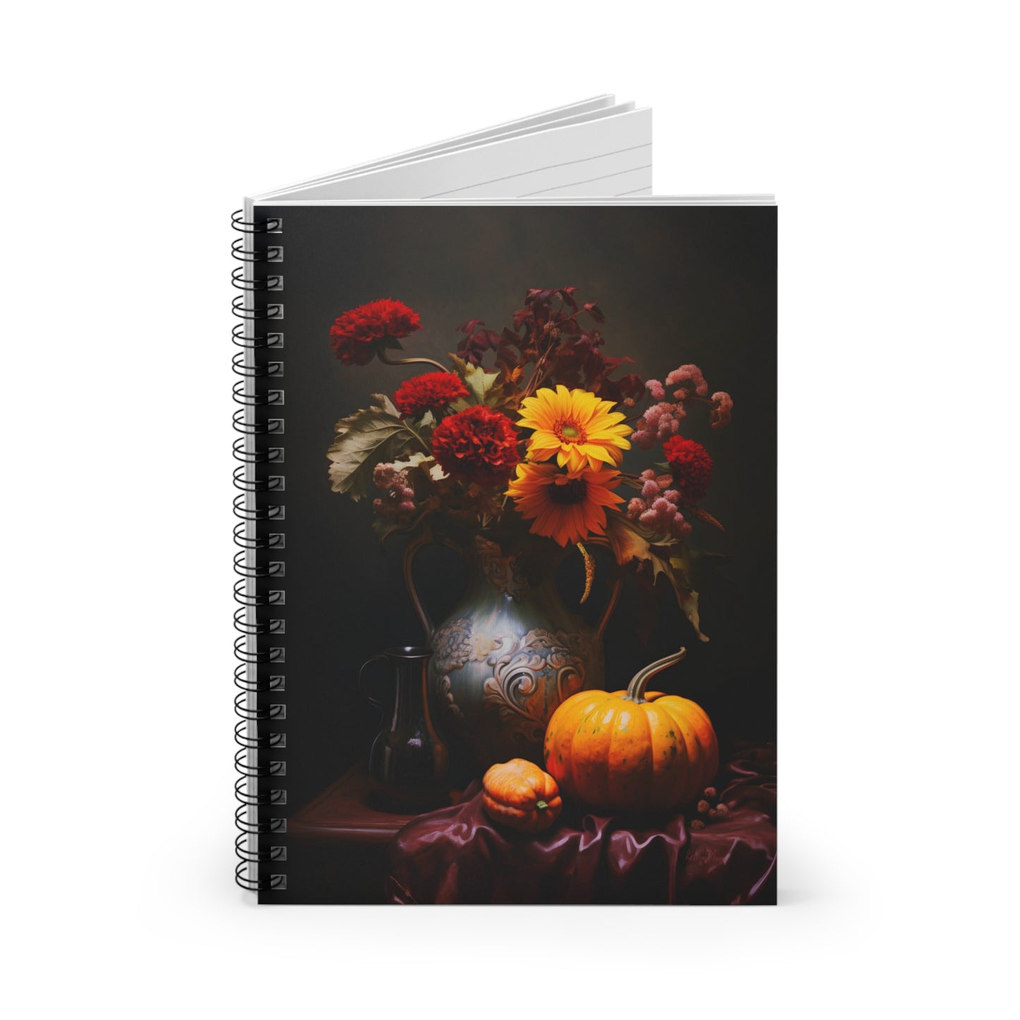Autumn Flower Bouquet with Pumpkins | Ruled Line Spiral Notebook