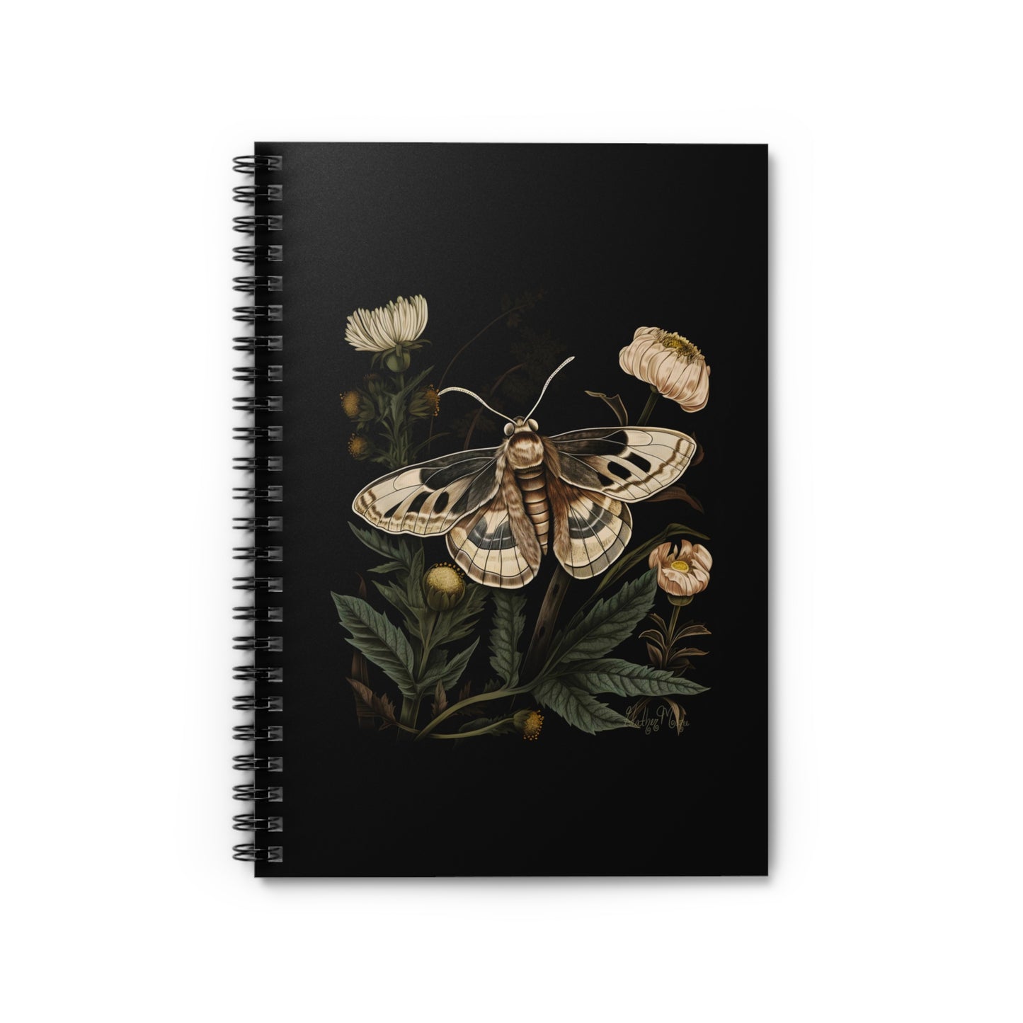 Soft Beige Moth with Ivory Flowers | Ruled Line Spiral Notebook
