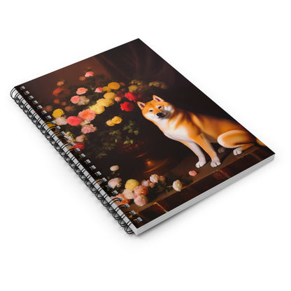 Shiba Inu Sitting Near a Flower Vase | Ruled Line Spiral Notebook