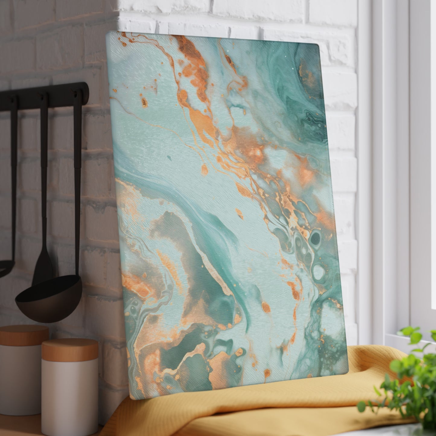 Soft Teal and Ivory Marble Glass Cutting Board