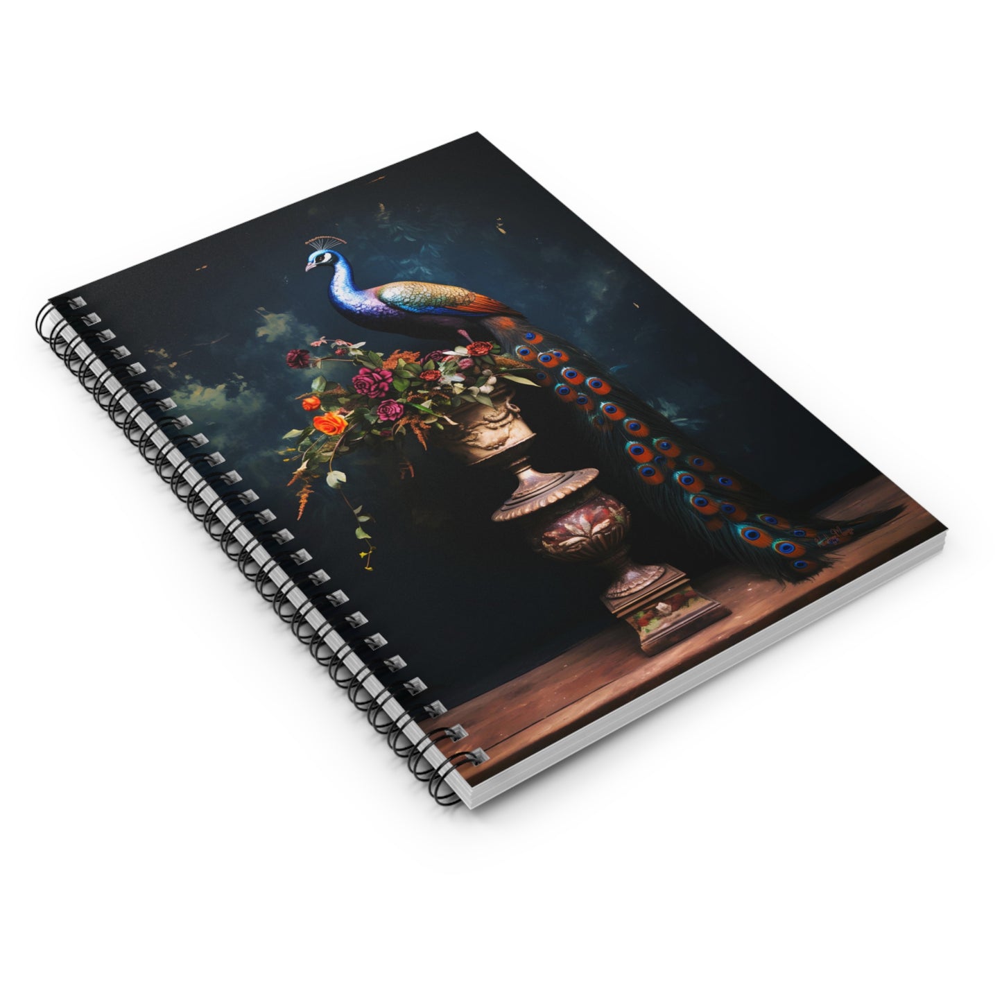 Peacock with a Vase of Flowers | Ruled Line Spiral Notebook