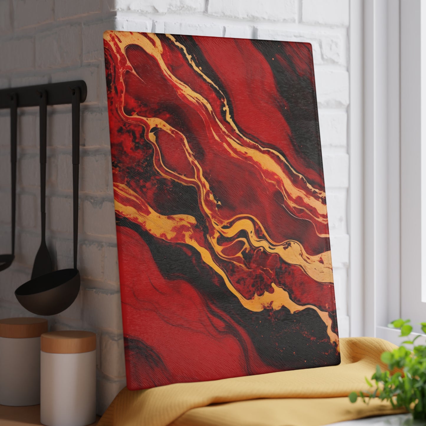 Crimson, Black and Gold Marble Glass Cutting Board