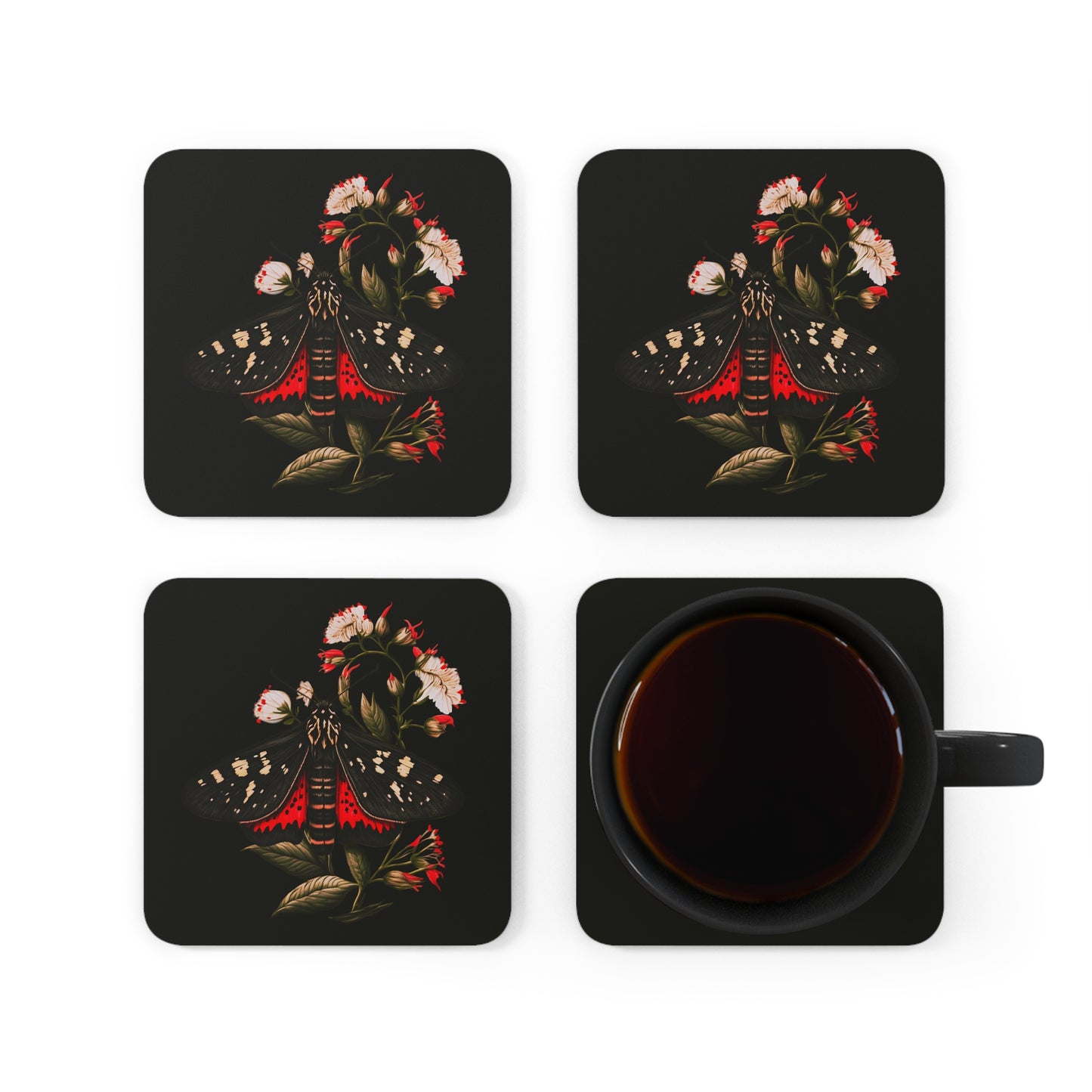 Black and Red Moth Amongst Flowers | Set of 4 Coasters