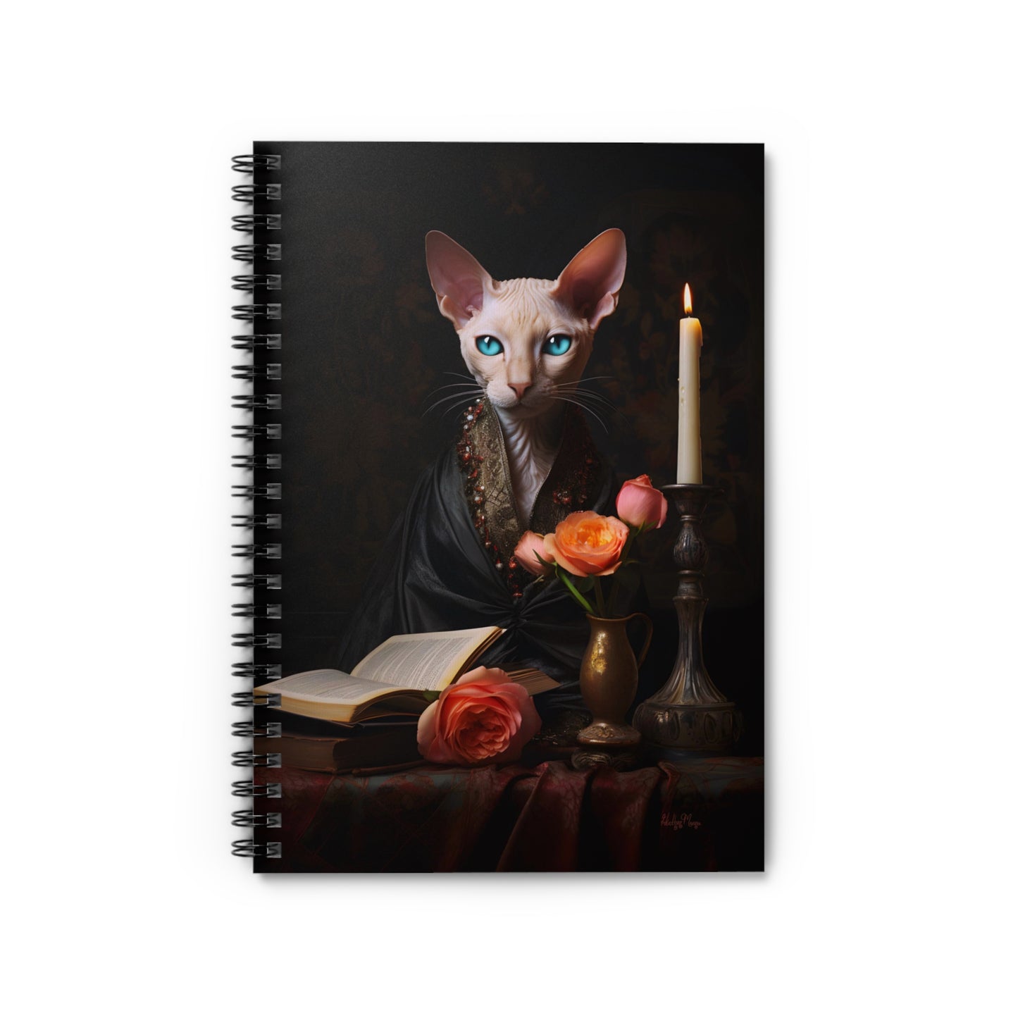 Cornish Rex with Books and Flowers | Ruled Line Spiral Notebook