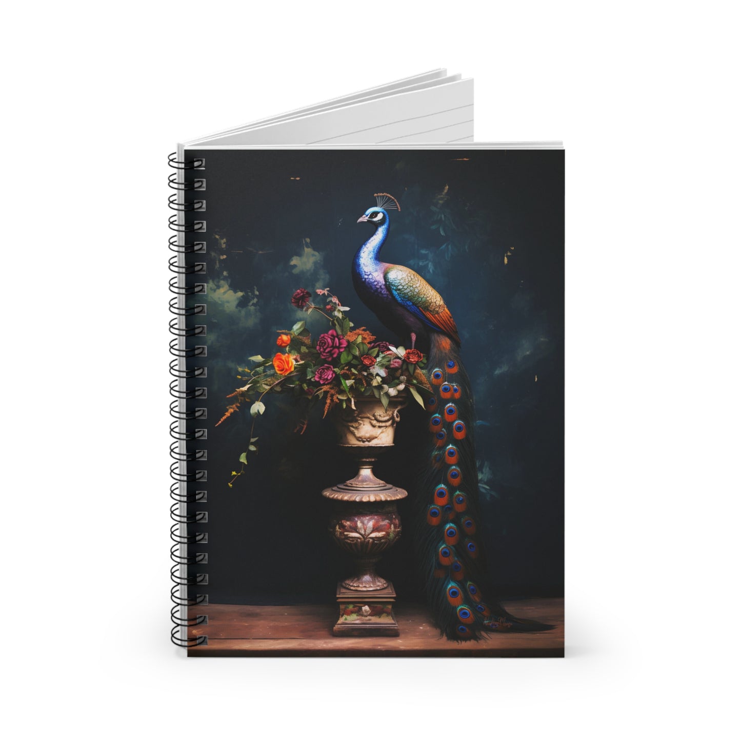 Peacock with a Vase of Flowers | Ruled Line Spiral Notebook
