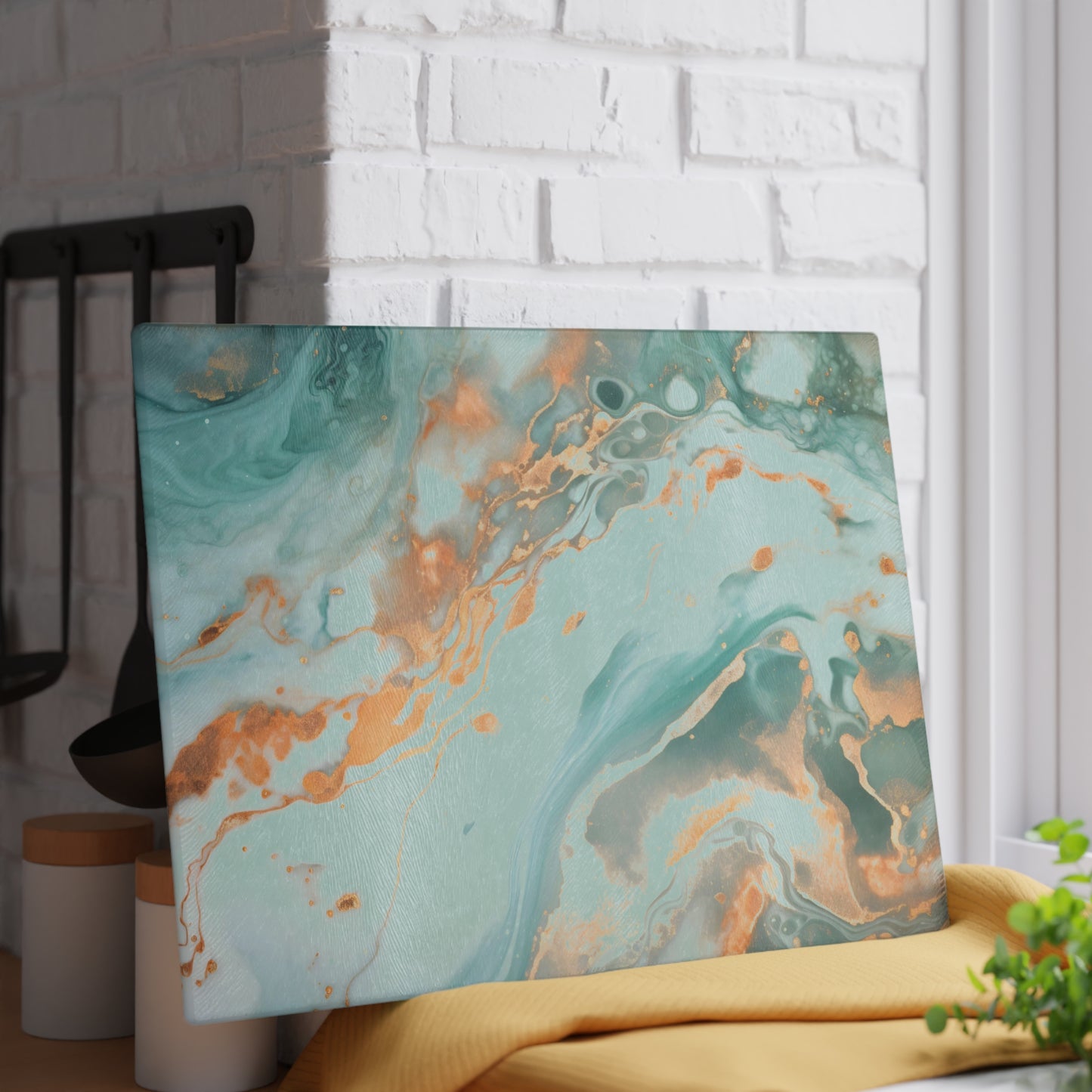 Soft Teal and Ivory Marble Glass Cutting Board