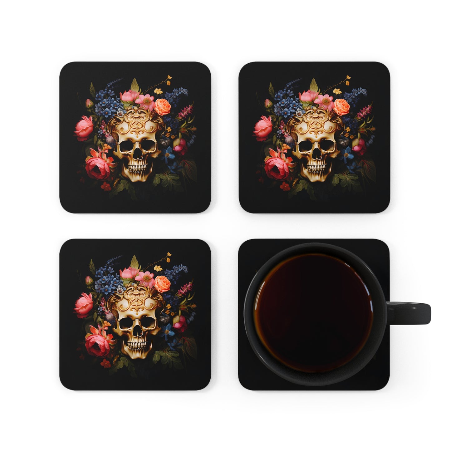 Golden Skull with Moody Flowers | Set of 4 Coasters