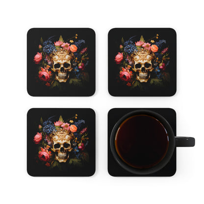 Golden Skull with Moody Flowers | Set of 4 Coasters