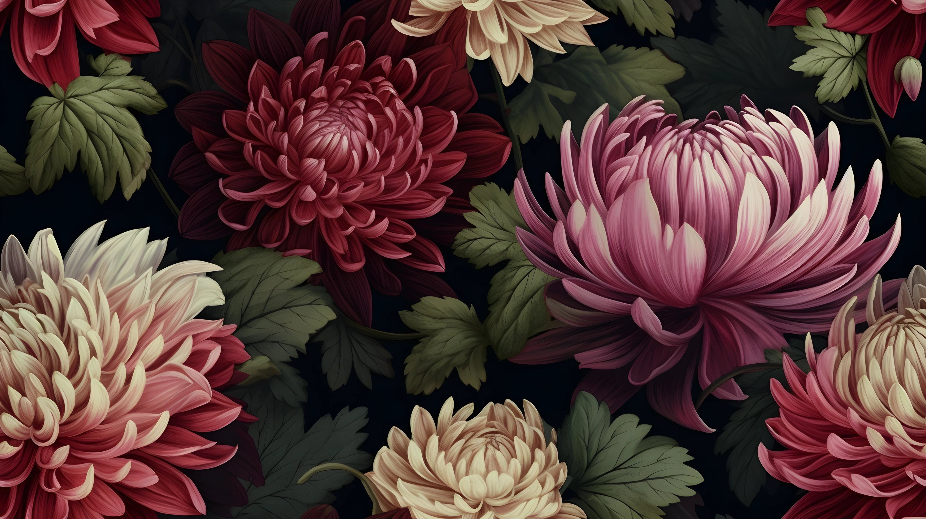Close-up of colorful chrysanthemum flowers on a dark background