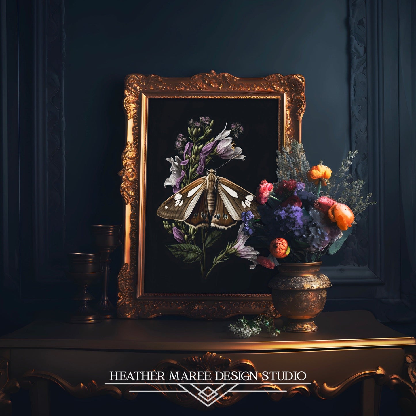 Brown Moth with Purple Flowers