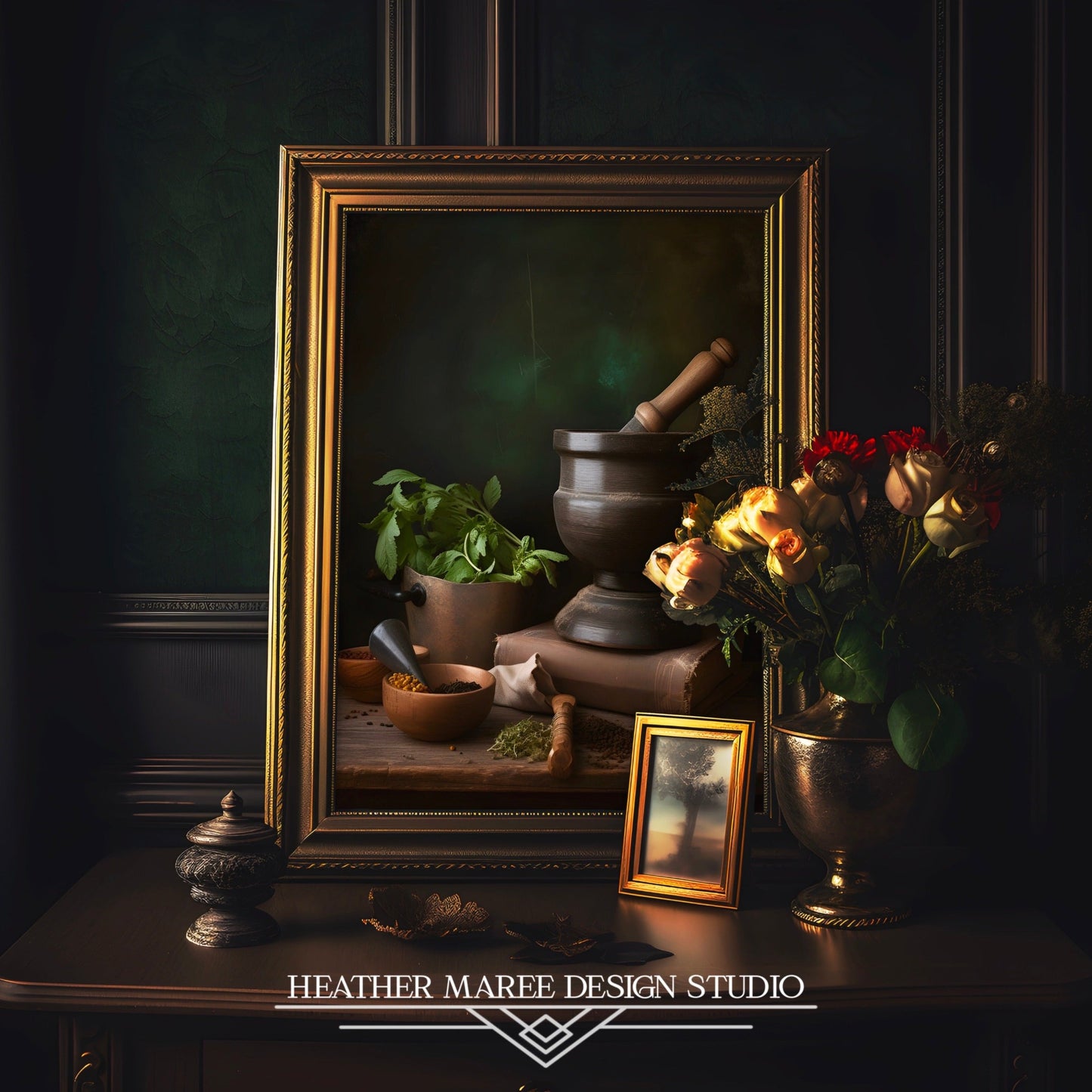 Mortar and Pestle with Herbs