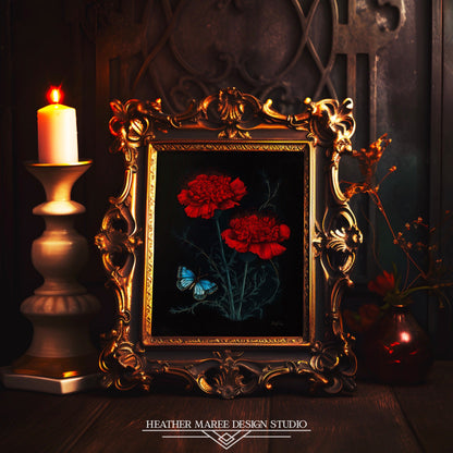 Blue Butterfly with Red Carnations