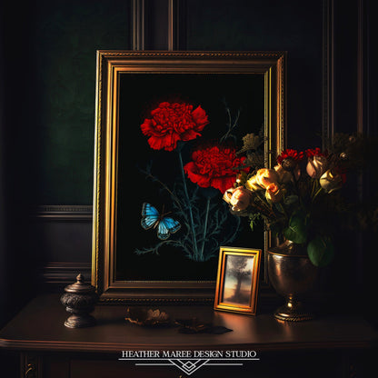 Blue Butterfly with Red Carnations