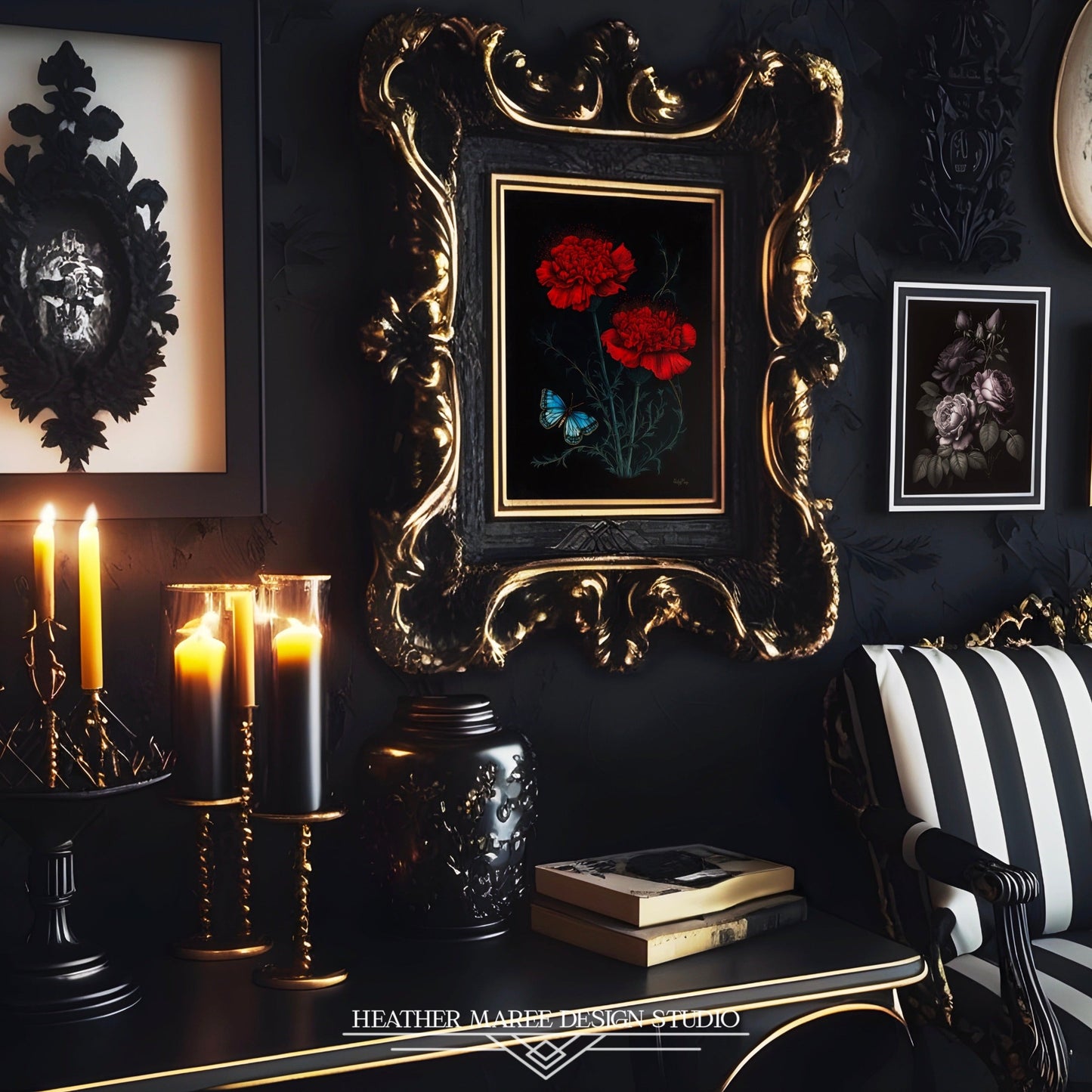 Blue Butterfly with Red Carnations