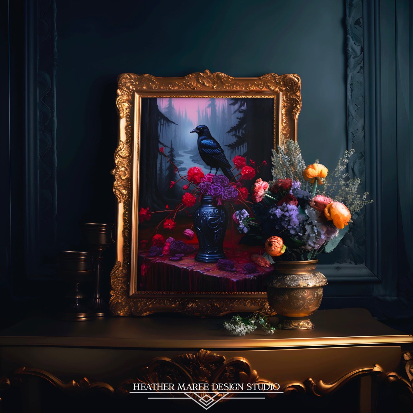 Crow Upon a Bouquet of Gothic Flowers