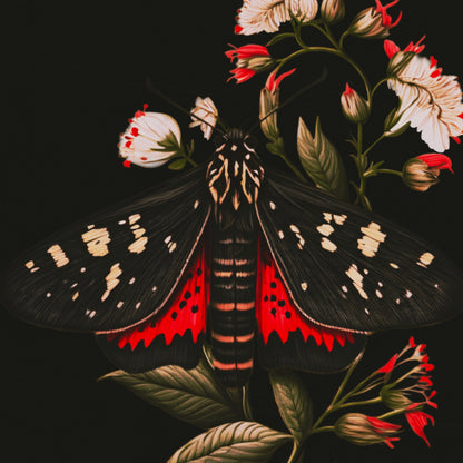 Black and Red Moth Amongst Flowers