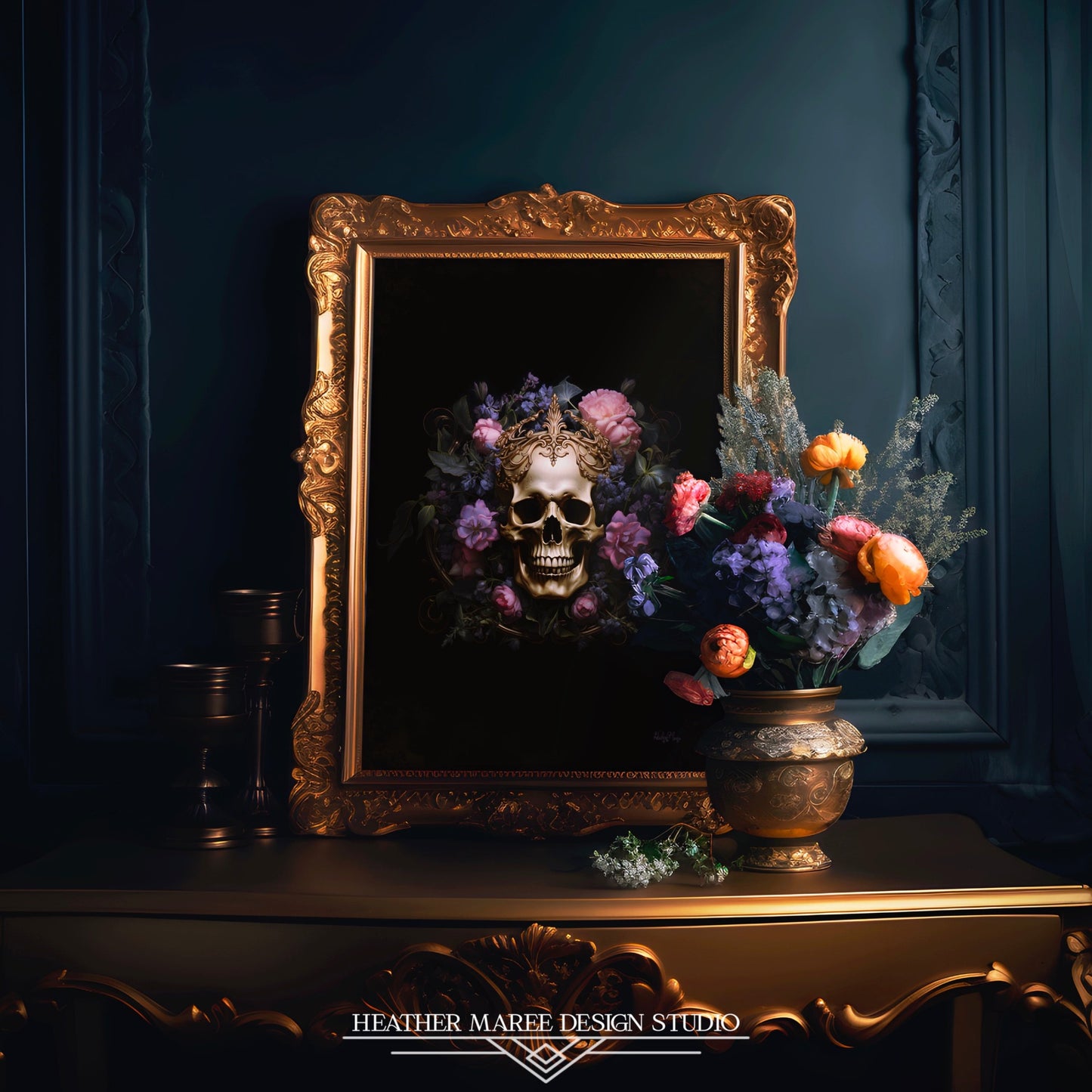 Golden Skull with Purple Flowers