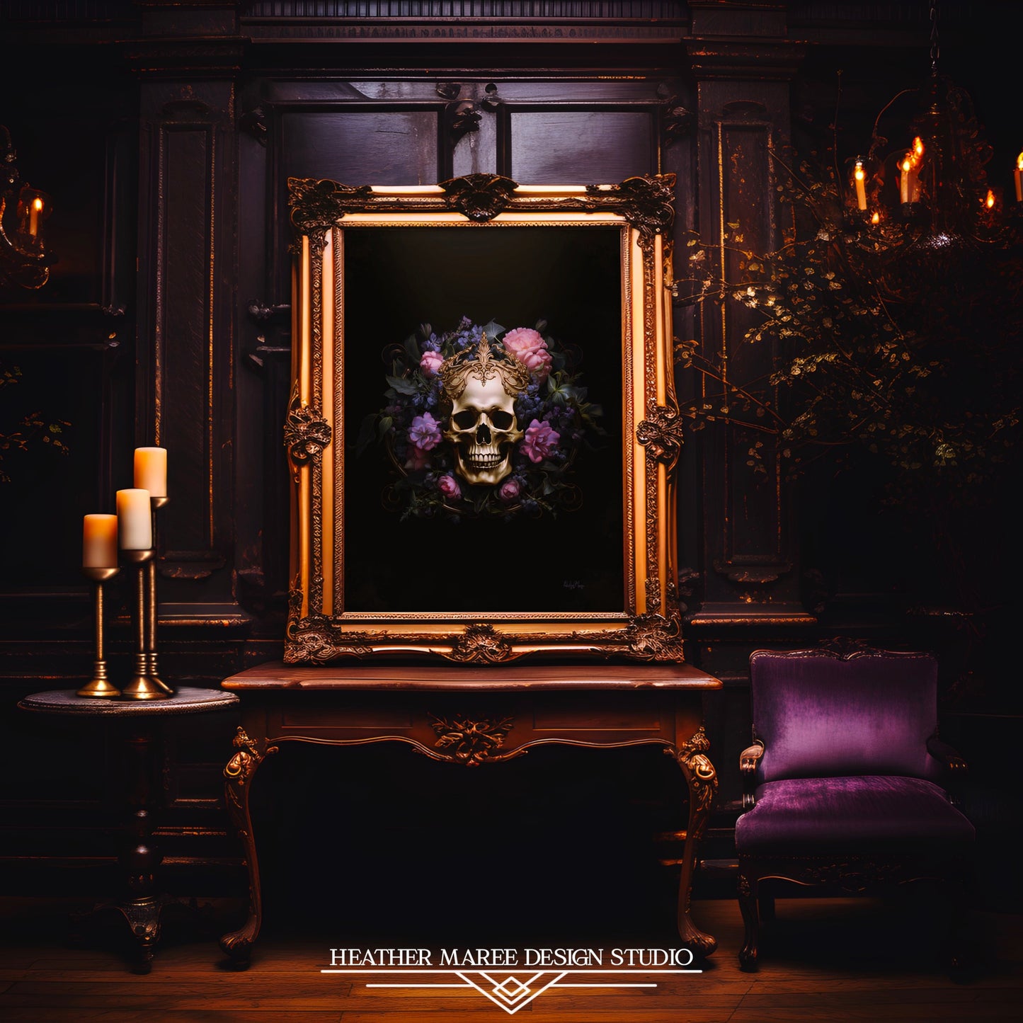 Golden Skull with Purple Flowers