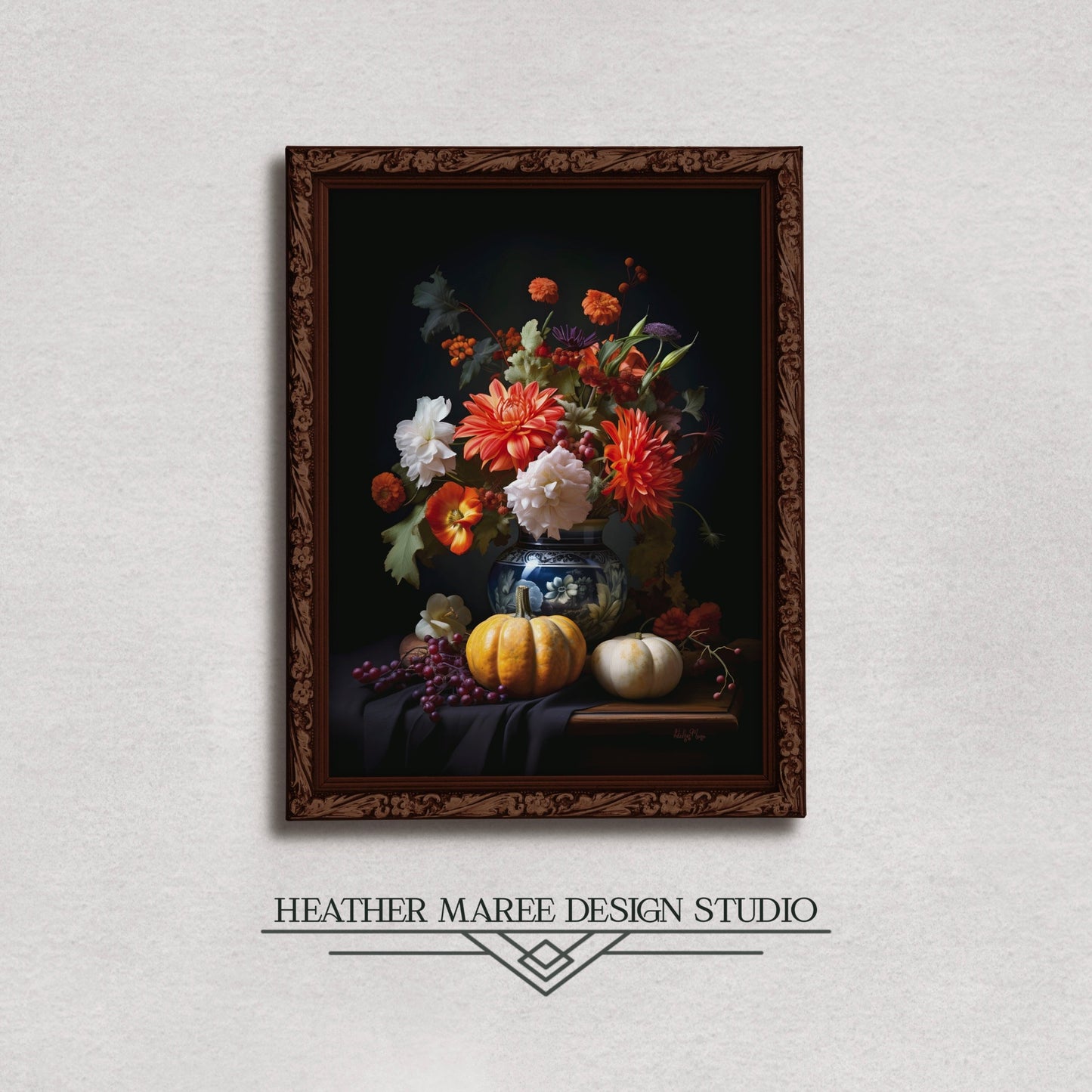 Flower Bouquet with Pumpkins and Fruit