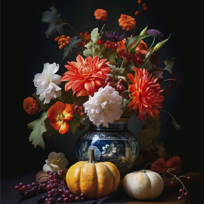 Flower Bouquet with Pumpkins and Fruit