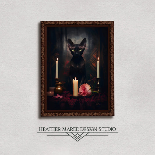 Velvety Black Sphynx with Candles