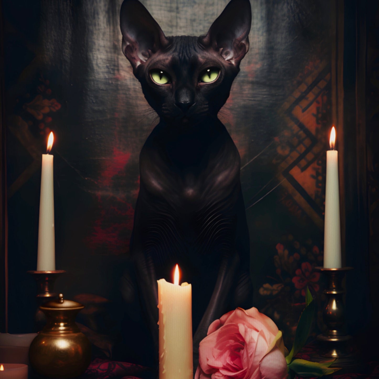 Velvety Black Sphynx with Candles
