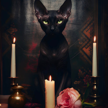 Velvety Black Sphynx with Candles